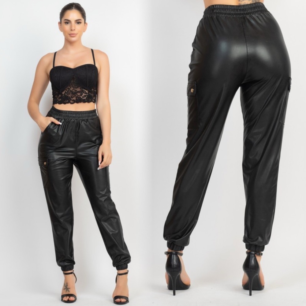 Faux leather jogger style pants with pockets